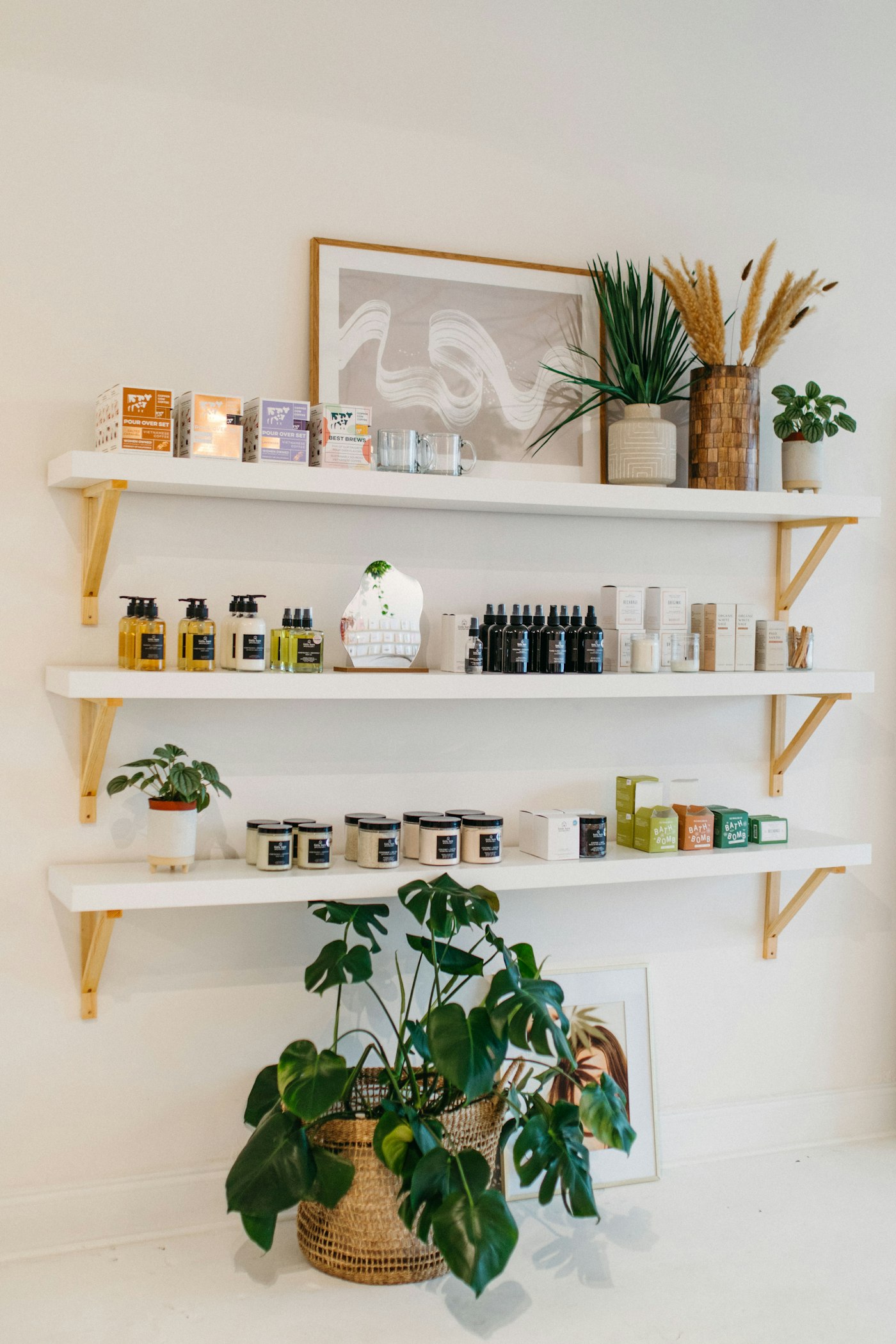 Estantería del salón con productos de color y cuidado entre plantas